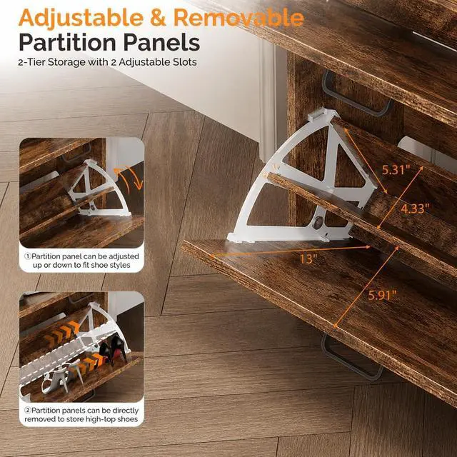 Alt view image 7 of 7 - Shoe Cabinet Storage for Entryway,Rustic Brown Narrow Shoe Rack,25"W | 812 Pairs,Skirting Board Cutout,Drop-Down Drawer,9.4"D Slim,Farmhouse,2 Flip Drawers,Adjustable & Removable Shelf