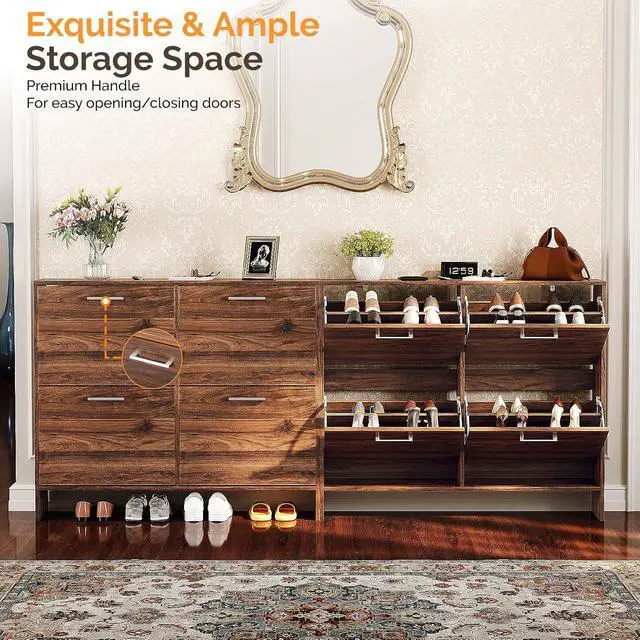 Alt view image 7 of 7 - Walnut Shoe Cabinet for Entryway, Slim Rustic Shoe Storage Cabinet with 4 Flip Drawers, Mid-Century Modern Wood Shoe Rack Organizer, Narrow Farmhouse Cupboard, Dark Brown, 42 Inch