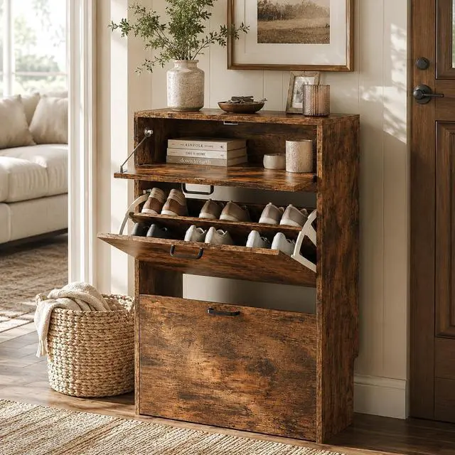 Main image of Shoe Cabinet Storage for Entryway,Rustic Brown Narrow Shoe Rack,25"W | 812 Pairs,Skirting Board Cutout,Drop-Down Drawer,9.4"D Slim,Farmhouse,2 Flip Drawers,Adjustable & Removable Shelf