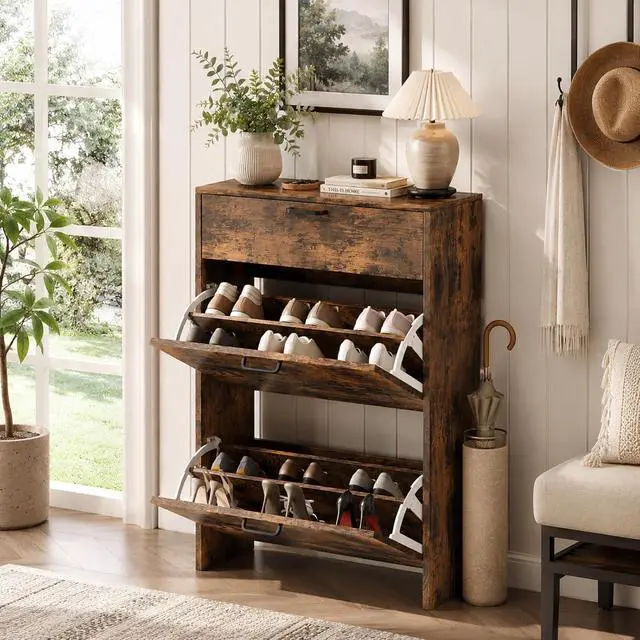 Alt view image 5 of 7 - Shoe Cabinet Storage for Entryway,Rustic Brown Narrow Shoe Rack,25"W | 812 Pairs,Skirting Board Cutout,Drop-Down Drawer,9.4"D Slim,Farmhouse,2 Flip Drawers,Adjustable & Removable Shelf