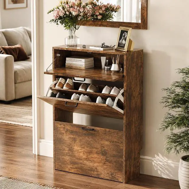 Alt view image 6 of 7 - Set of 2 Shoe Cabinets Storage for Entryway,2-Pack,Rustic Brown | 1624 Pairs,Skirting Board Cutout,Drop-Down Drawer,9.4"D Slim,Farmhouse,2 Flip Drawers,Adjustable & Removable Shelf