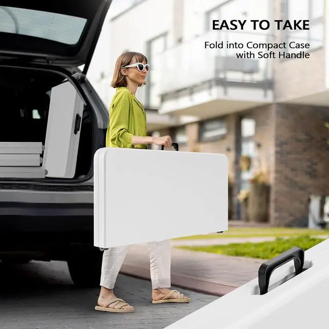 Alt view image 6 of 7 - 34" Fold in Half Square Table, Bi-Folding Commercial Portable Plastic Dining Table for Kitchen Outdoor Party Wedding Event, White