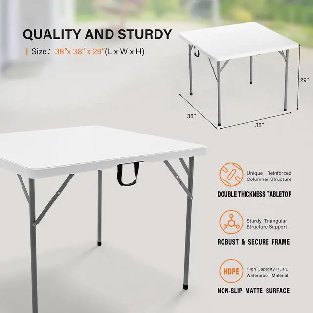 Alt view image 3 of 7 - 38" Fold in Half Square Table, Bi-Folding Commercial Portable Plastic Dining Table for Kitchen Outdoor Party Wedding Event, White