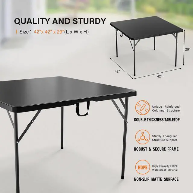 Alt view image 3 of 7 - 42" Fold in Half Square Table, Bi-Folding Commercial Portable Plastic Dining Table for Kitchen Outdoor Party Wedding Event, Black