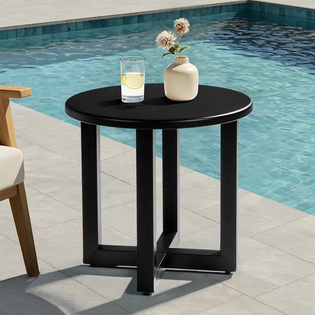 Alt view image 2 of 7 - Round Outdoor Side Table, Small Metal Outdoor Table Patio End Tables for Balcony, Porch, Garden and Poolside (Black)