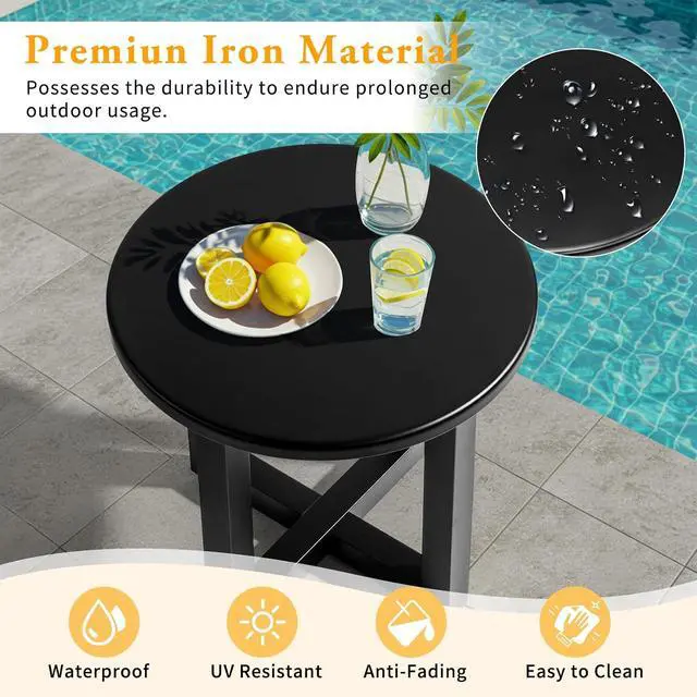 Alt view image 4 of 7 - Round Outdoor Side Table, Small Metal Outdoor Table Patio End Tables for Balcony, Porch, Garden and Poolside (Black)