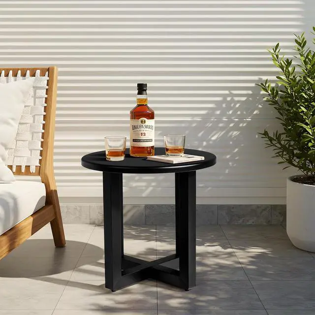 Alt view image 6 of 7 - Round Outdoor Side Table, Small Metal Outdoor Table Patio End Tables for Balcony, Porch, Garden and Poolside (Black)