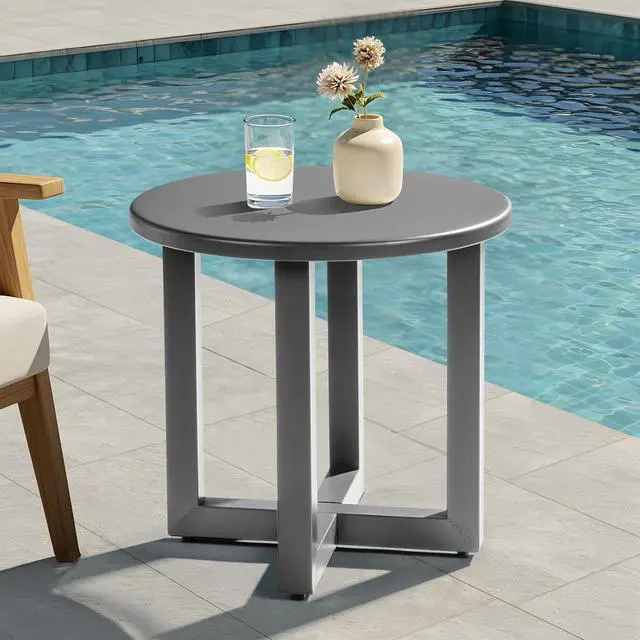 Alt view image 2 of 7 - Round Outdoor Side Table, Small Metal Outdoor Table Patio End Tables for Balcony, Porch, Garden and Poolside (Grey)
