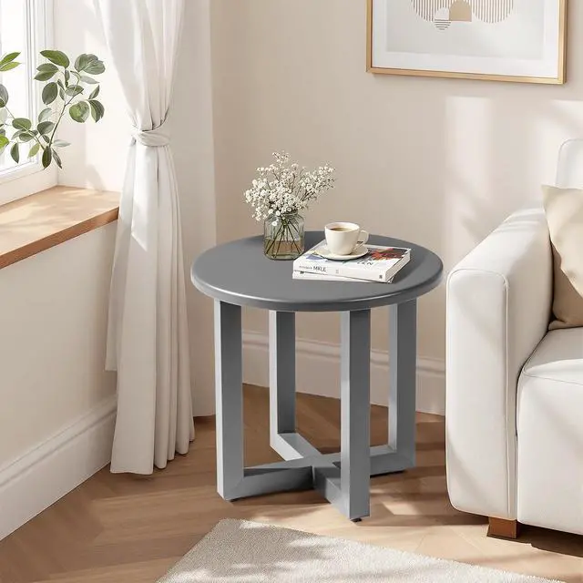 Alt view image 6 of 7 - Round Outdoor Side Table, Small Metal Outdoor Table Patio End Tables for Balcony, Porch, Garden and Poolside (Grey)