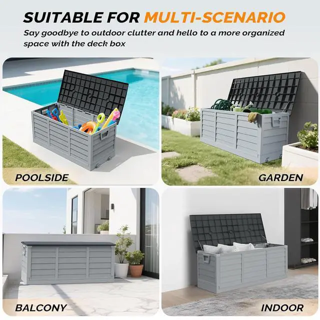 Alt view image 3 of 7 - 75 Gallon Collapsible Outdoor Storage Box, Grey Body, Black Lib | Collapsible Deck Box with Wheels, Weatherproof Outdoor Storage Box for Deck, Patio, Porch, Backyard and Garage