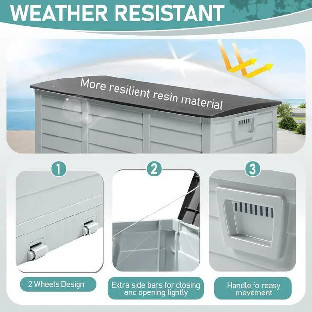 Alt view image 5 of 7 - 75 Gallon Collapsible Outdoor Storage Box, Grey Body, Black Lib | Collapsible Deck Box with Wheels, Weatherproof Outdoor Storage Box for Deck, Patio, Porch, Backyard and Garage