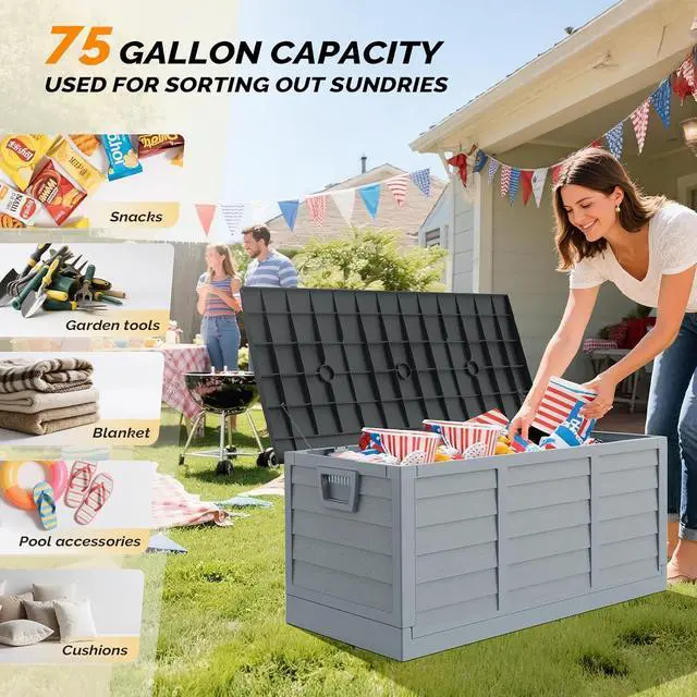 Alt view image 4 of 7 - 75 Gallon Collapsible Outdoor Storage Box, Grey Body, Black Lib | Collapsible Deck Box with Wheels, Weatherproof Outdoor Storage Box for Deck, Patio, Porch, Backyard and Garage