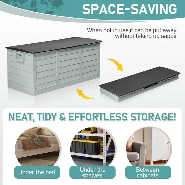 Alt view image 6 of 7 - 75 Gallon Collapsible Outdoor Storage Box, Grey Body, Black Lib | Collapsible Deck Box with Wheels, Weatherproof Outdoor Storage Box for Deck, Patio, Porch, Backyard and Garage