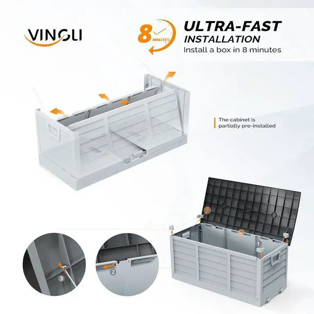 Alt view image 7 of 7 - 75 Gallon Collapsible Outdoor Storage Box, Grey Body, Black Lib | Collapsible Deck Box with Wheels, Weatherproof Outdoor Storage Box for Deck, Patio, Porch, Backyard and Garage