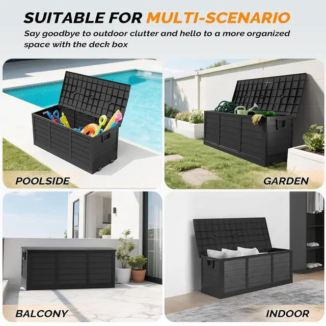 Alt view image 3 of 7 - 75 Gallon Collapsible Outdoor Storage Box, Black | Collapsible Deck Box with Wheels, Weatherproof Outdoor Storage Box for Deck, Patio, Porch, Backyard and Garage