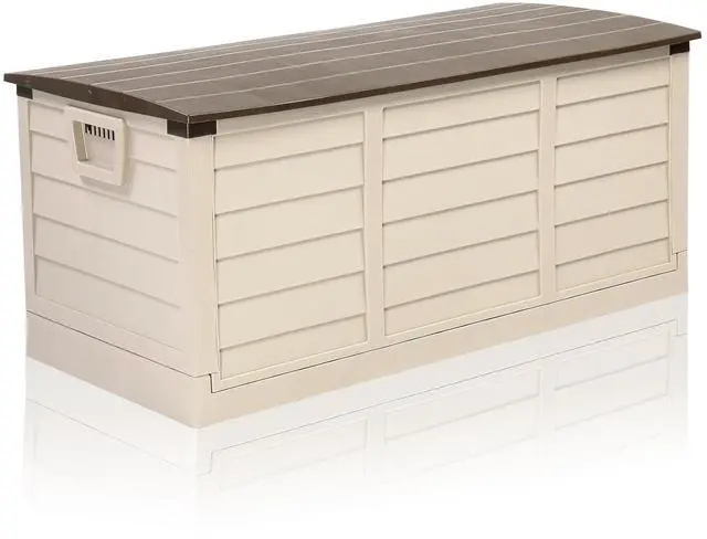 Main image of 75 Gallon Collapsible Outdoor Storage Box, Brown | Collapsible Deck Box with Wheels, Weatherproof Outdoor Storage Box for Deck, Patio, Porch, Backyard and Garage