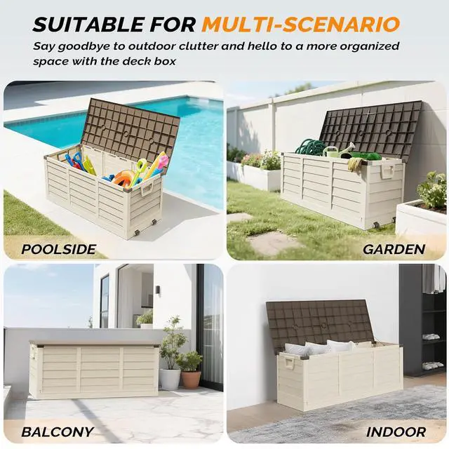Alt view image 3 of 7 - 75 Gallon Collapsible Outdoor Storage Box, Brown | Collapsible Deck Box with Wheels, Weatherproof Outdoor Storage Box for Deck, Patio, Porch, Backyard and Garage