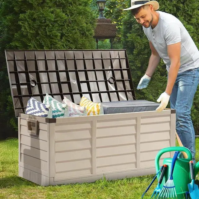Alt view image 4 of 7 - 75 Gallon Collapsible Outdoor Storage Box, Brown | Collapsible Deck Box with Wheels, Weatherproof Outdoor Storage Box for Deck, Patio, Porch, Backyard and Garage
