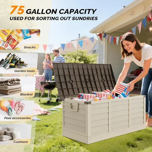 Alt view image 5 of 7 - 75 Gallon Collapsible Outdoor Storage Box, Brown | Collapsible Deck Box with Wheels, Weatherproof Outdoor Storage Box for Deck, Patio, Porch, Backyard and Garage