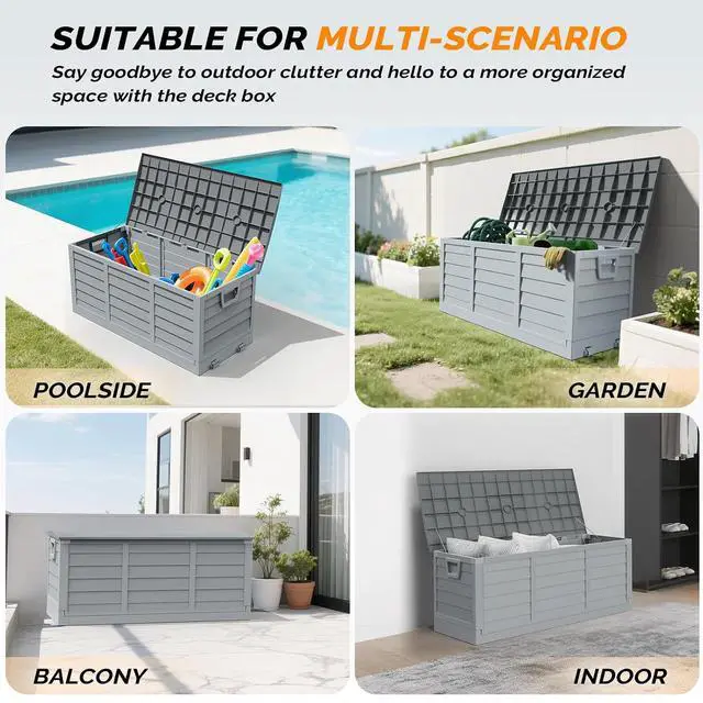 Alt view image 3 of 7 - 75 Gallon Collapsible Outdoor Storage Box, Grey | Collapsible Deck Box with Wheels, Weatherproof Outdoor Storage Box for Deck, Patio, Porch, Backyard and Garage