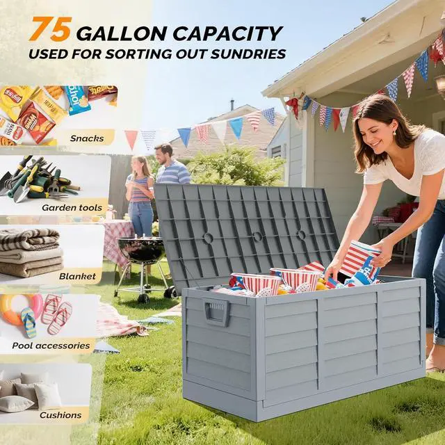 Alt view image 4 of 7 - 75 Gallon Collapsible Outdoor Storage Box, Grey | Collapsible Deck Box with Wheels, Weatherproof Outdoor Storage Box for Deck, Patio, Porch, Backyard and Garage