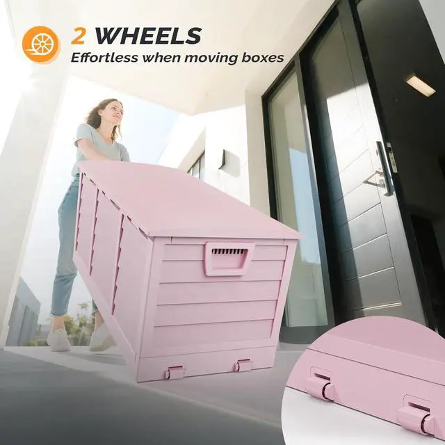 Alt view image 2 of 7 - 75 Gallon Collapsible Outdoor Storage Box, Light Pink | Collapsible Deck Box with Wheels, Weatherproof Outdoor Storage Box for Deck, Patio, Porch, Backyard and Garage