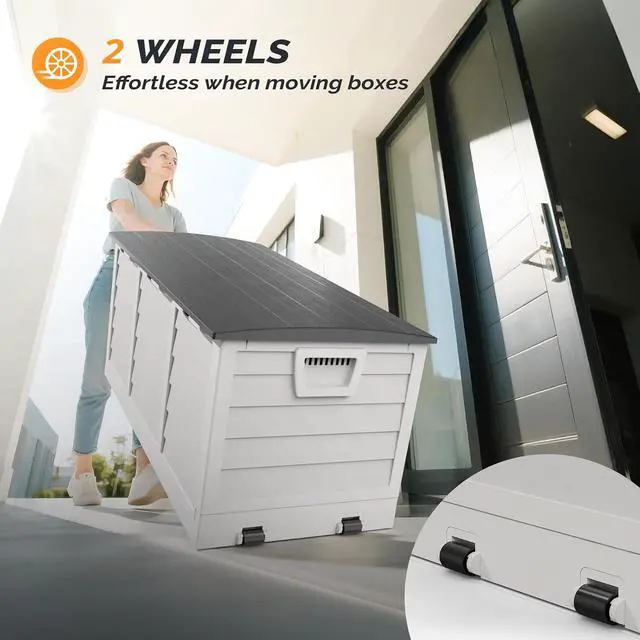 Alt view image 2 of 7 - 75 Gallon Collapsible Outdoor Storage Box, White Body, Black Lib | Collapsible Deck Box with Wheels, Weatherproof Outdoor Storage Box for Deck, Patio, Porch, Backyard and Garage
