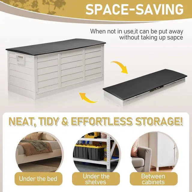 Alt view image 5 of 7 - 75 Gallon Collapsible Outdoor Storage Box, White Body, Black Lib | Collapsible Deck Box with Wheels, Weatherproof Outdoor Storage Box for Deck, Patio, Porch, Backyard and Garage