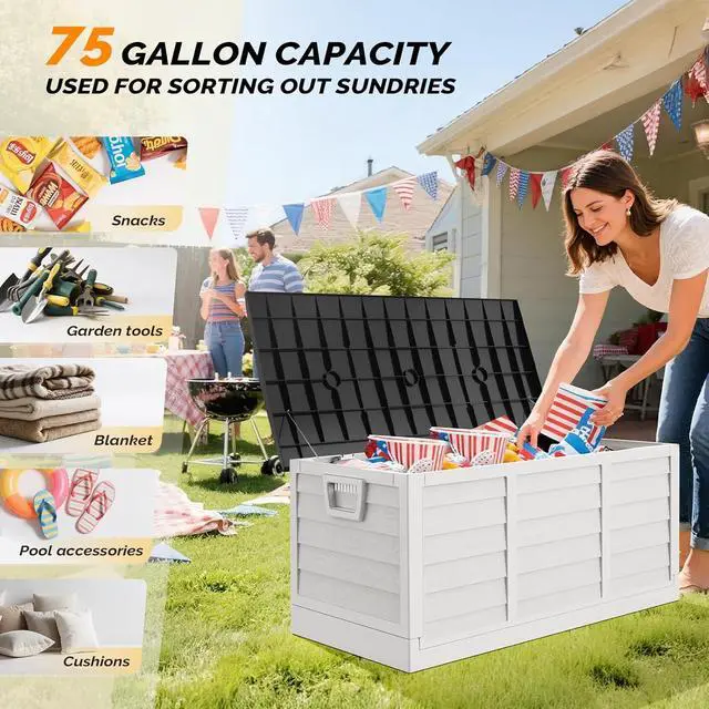 Alt view image 3 of 7 - 75 Gallon Collapsible Outdoor Storage Box, White Body, Black Lib | Collapsible Deck Box with Wheels, Weatherproof Outdoor Storage Box for Deck, Patio, Porch, Backyard and Garage