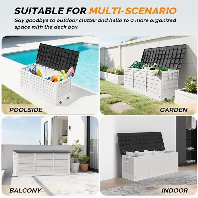 Alt view image 4 of 7 - 75 Gallon Collapsible Outdoor Storage Box, White Body, Black Lib | Collapsible Deck Box with Wheels, Weatherproof Outdoor Storage Box for Deck, Patio, Porch, Backyard and Garage