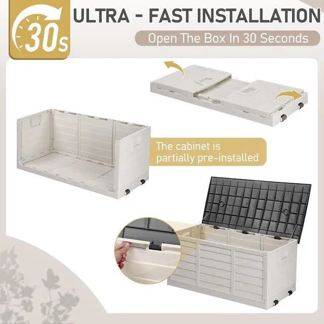 Alt view image 6 of 7 - 75 Gallon Collapsible Outdoor Storage Box, White Body, Black Lib | Collapsible Deck Box with Wheels, Weatherproof Outdoor Storage Box for Deck, Patio, Porch, Backyard and Garage