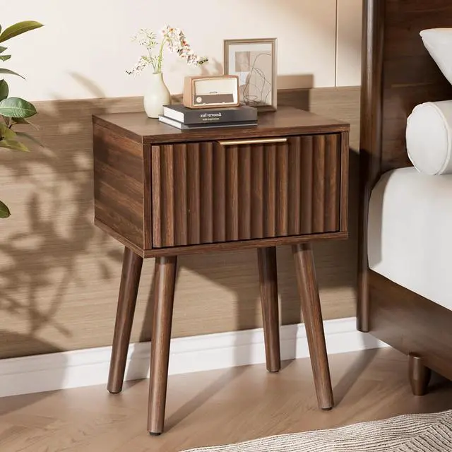 Main image of Night Stand, Fluted Nightstand Wood, Mid Century Modern Nightstand for Bedroom, Bedside Table, Wood Side Table, Small Night Stand Walnut, 15.75" W*11.81" D*21.85" H