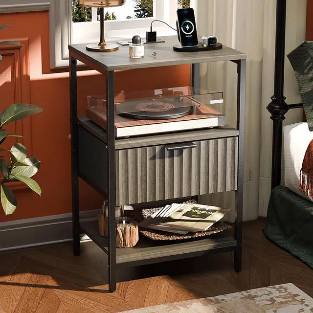 Main image of Grey Night Stand with Charging Station and Fabric Drawer, Fluted Nightstand, Gray Nightstand with Drawer, Bed Side Table/End Table for Bedroom, Dorm, 14.96" W*11.81" D*23.7" H, 1 pc