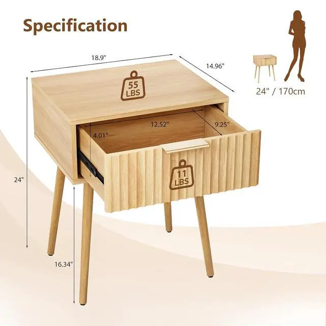 Alt view image 2 of 7 - Fluted Nightstand with Drawer, 19" W Mid Century Modern Nightstand for Bedroom, Bedside Table, End Tables Bedroom, Wood Night Stand, Oak, 18.9" W*14.96" D*24" H