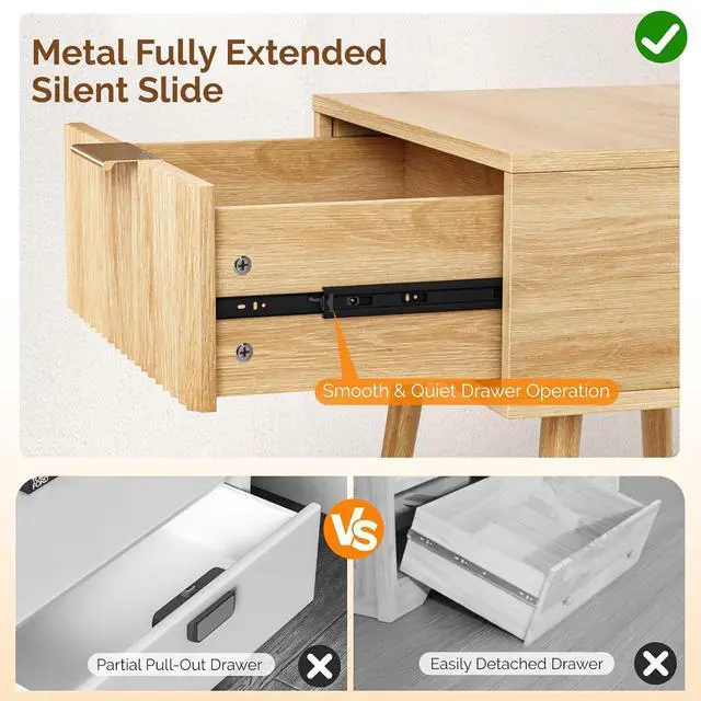 Alt view image 4 of 7 - Fluted Nightstand with Drawer, 19" W Mid Century Modern Nightstand for Bedroom, Bedside Table, End Tables Bedroom, Wood Night Stand, Oak, 18.9" W*14.96" D*24" H