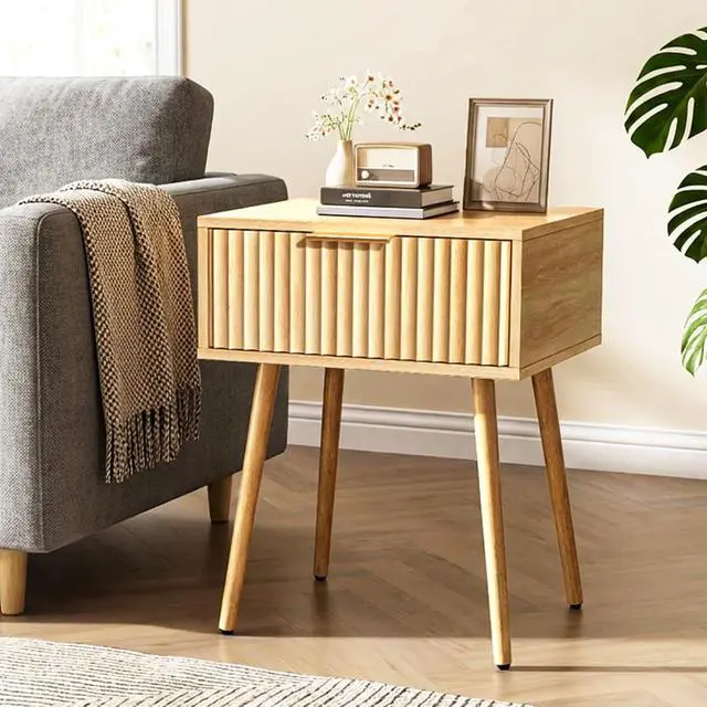 Alt view image 6 of 7 - Fluted Nightstand with Drawer, 19" W Mid Century Modern Nightstand for Bedroom, Bedside Table, End Tables Bedroom, Wood Night Stand, Oak, 18.9" W*14.96" D*24" H