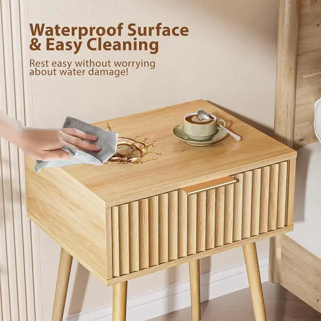Alt view image 7 of 7 - Fluted Nightstand with Drawer, 19" W Mid Century Modern Nightstand for Bedroom, Bedside Table, End Tables Bedroom, Wood Night Stand, Oak, 18.9" W*14.96" D*24" H