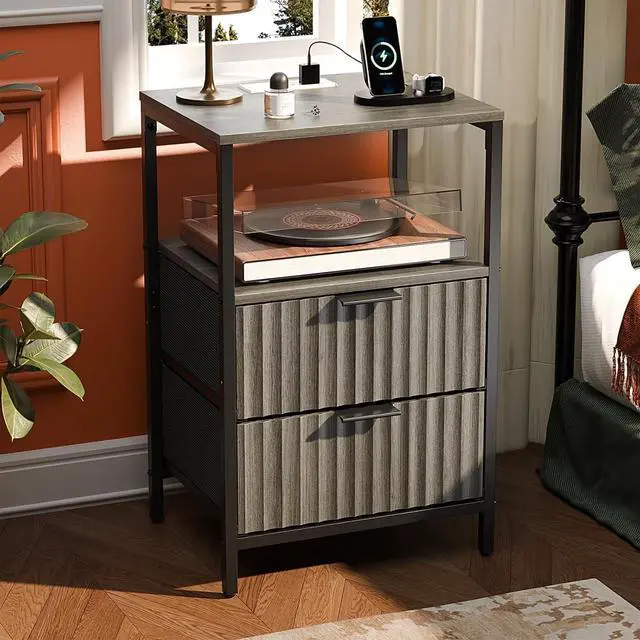 Main image of Grey Night Stand with Charging Station and Fabric Drawers, Fluted Nightstand Gray with Drawers, Grey Bedside Table/End Table for Bedroom, 14.96" W*11.81" D*23.78" H