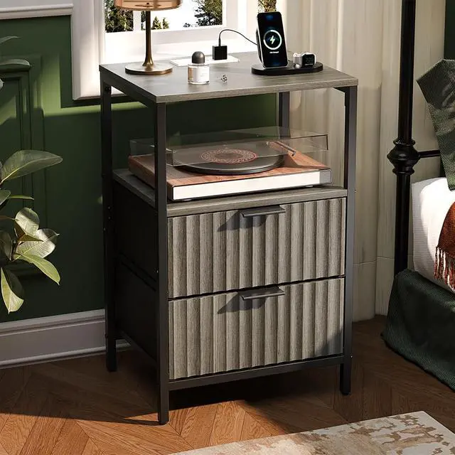 Alt view image 7 of 7 - Grey Night Stand with Charging Station and Fabric Drawers, Fluted Nightstand Gray with Drawers, Grey Bedside Table/End Table for Bedroom, 14.96" W*11.81" D*23.78" H