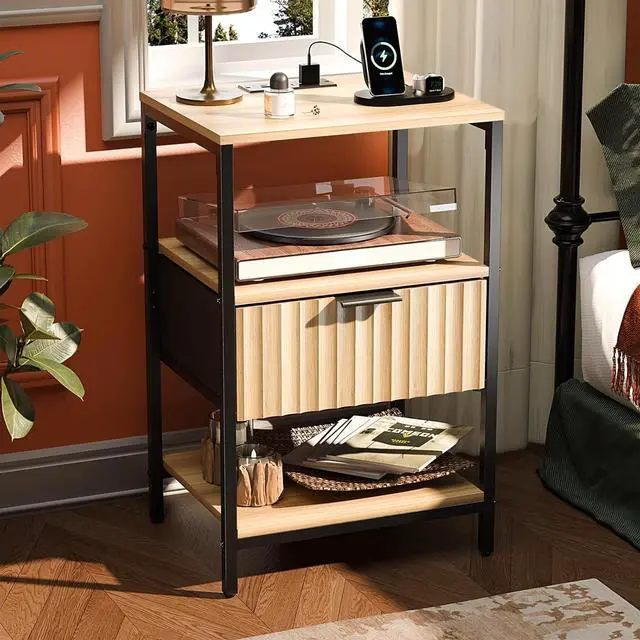 Main image of Night Stand with Charging Station and Fabric Drawer, Fluted Nightstand with Drawer, Bed Side Table/End Table for Bedroom, Dorm, 14.96" W*11.81" D*23.7" H, 1 pc