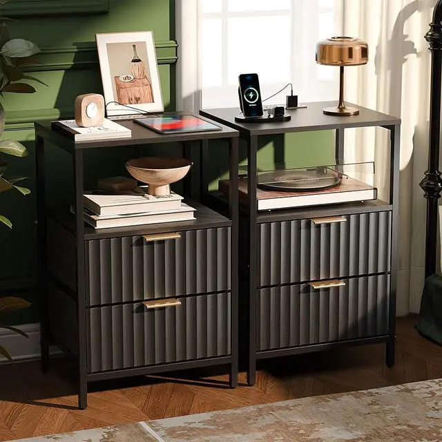 Main image of Black Nightstands Set of 2 with Fabric Drawers, Fluted Nightstands with Charging Station, Night Stand Set of 2, Small Bedside Table, Bed Side Table/Night Stand with Charging Station for Bedroom