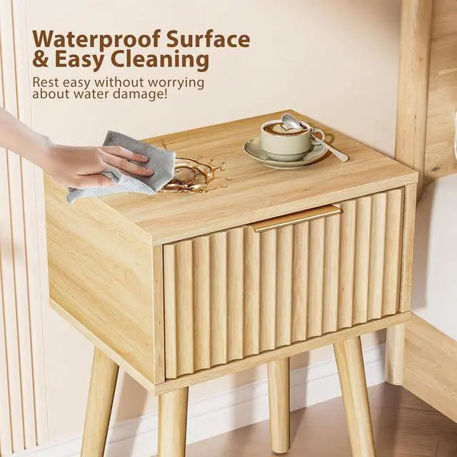 Alt view image 7 of 7 - Night Stand, Fluted Nightstand Wood, Mid Century Modern Nightstand for Bedroom, Bedside Table, Wood Side Table, Small Night Stand Oak, 15.75" W*11.81" D*21.85" H