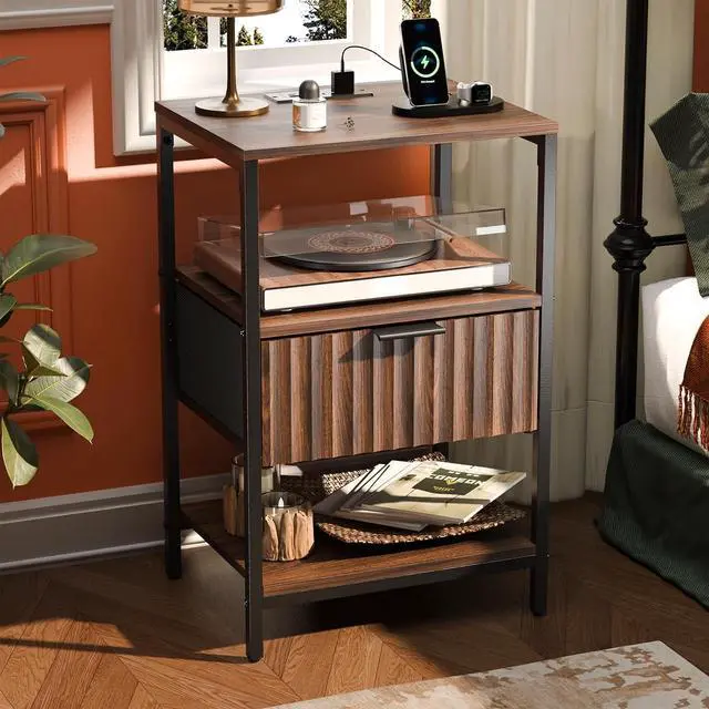 Main image of Nightstand with Charging Station and Fabric Drawer, Walnut Nightstand Fluted with Drawer, Bedside Table/End Table with Charger Station, Side Table Bedroom, Small Night Stand Dark Walnut, 1 pc