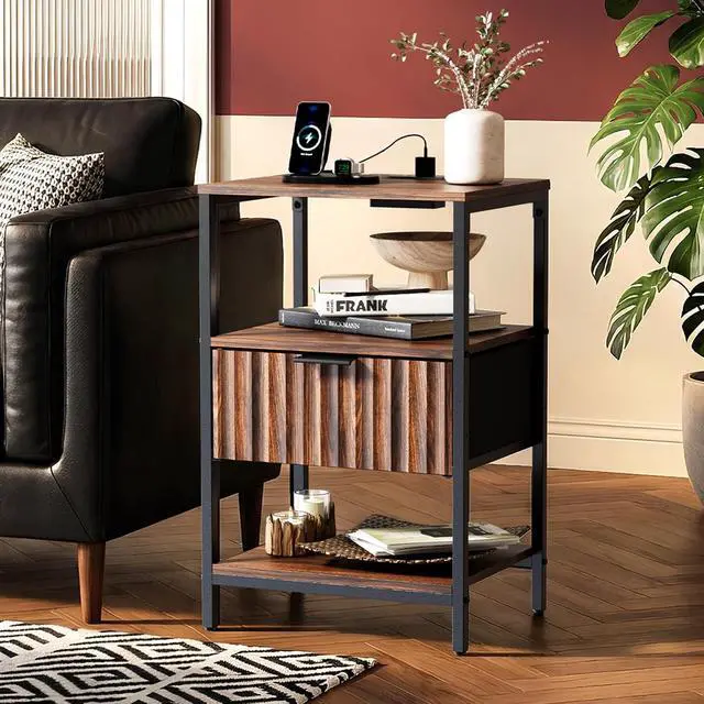 Alt view image 7 of 7 - Nightstand with Charging Station and Fabric Drawer, Walnut Nightstand Fluted with Drawer, Bedside Table/End Table with Charger Station, Side Table Bedroom, Small Night Stand Dark Walnut, 1 pc
