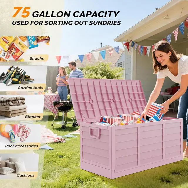Alt view image 3 of 7 - 75 Gallon Collapsible Outdoor Storage Box, Light Pink | Collapsible Deck Box with Wheels, Weatherproof Outdoor Storage Box for Deck, Patio, Porch, Backyard and Garage