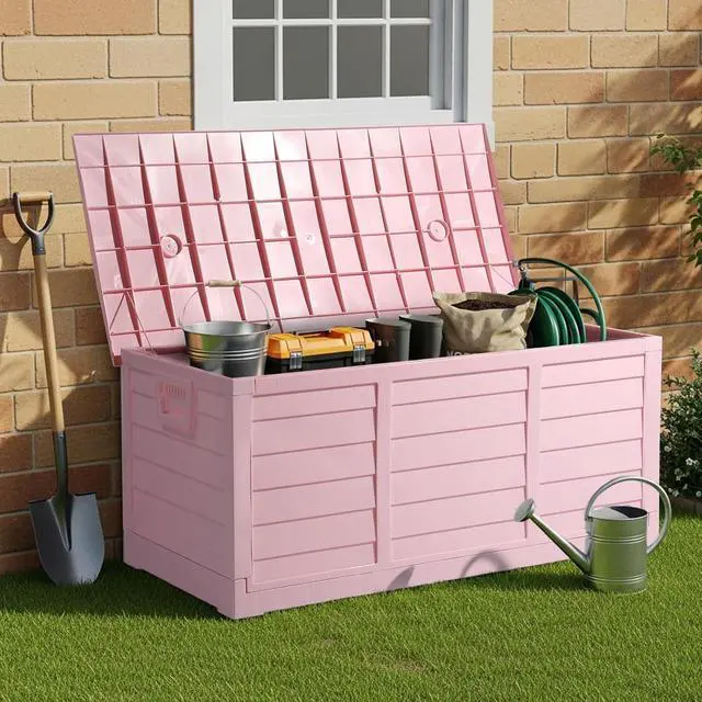 Alt view image 5 of 7 - 75 Gallon Collapsible Outdoor Storage Box, Light Pink | Collapsible Deck Box with Wheels, Weatherproof Outdoor Storage Box for Deck, Patio, Porch, Backyard and Garage