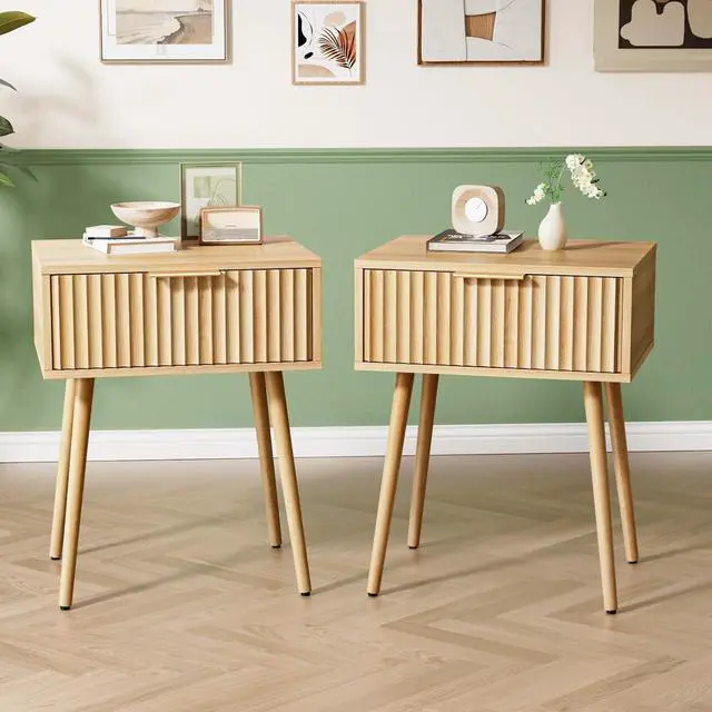 Main image of Nightstands Set of 2, Fluted Night Stand with Drawer, Bedside Table, Wood Nightstand for Bedroom, Mid Century Modern End Tables, Natural Oak, 18.9" W*14.96" D*24" H