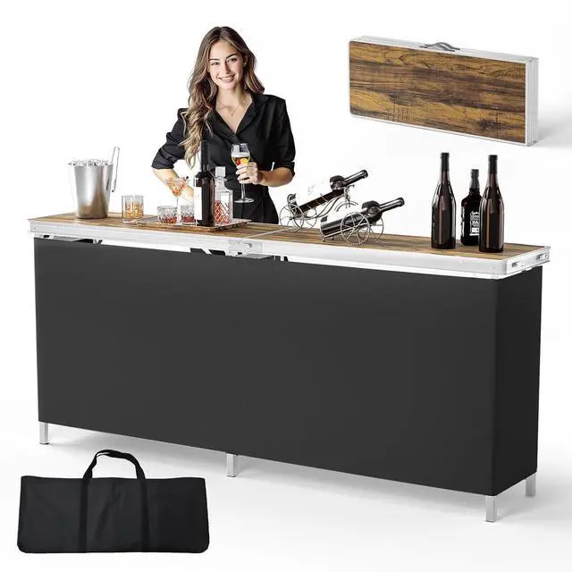 Main image of 78" Portable Bar Table, 2-Tier Shelves, Mobile Bar Table for Events, Party, Camping, Picnic, Tradeshow, Indoor with Black Skirt
