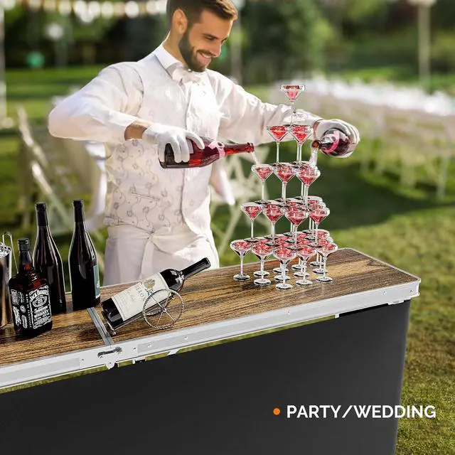 Alt view image 2 of 7 - 78" Portable Bar Table, 2-Tier Shelves, Mobile Bar Table for Events, Party, Camping, Picnic, Tradeshow, Indoor with Black Skirt