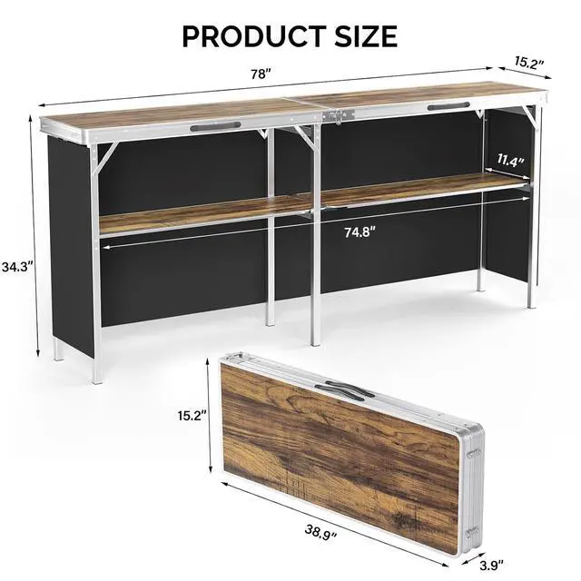 Alt view image 3 of 7 - 78" Portable Bar Table, 2-Tier Shelves, Mobile Bar Table for Events, Party, Camping, Picnic, Tradeshow, Indoor with Black Skirt